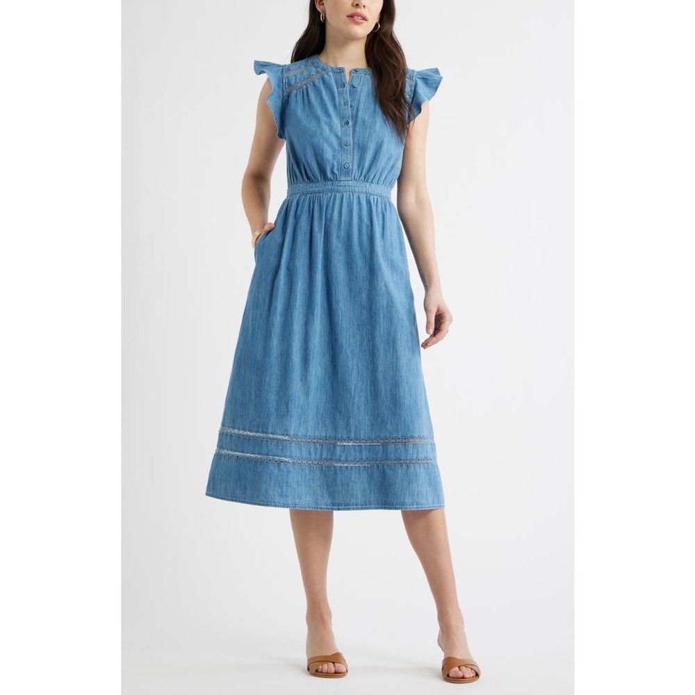 Caslon Women's Flutter Sleeve Chambray Midi Dress Blue S Cottagecore